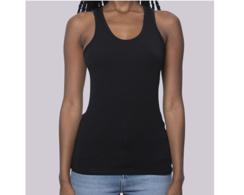 Person wearing a black tank top against a plain background