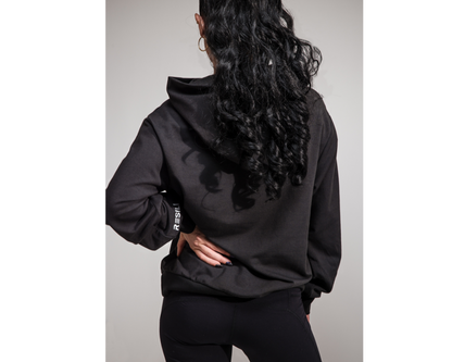 Person wearing a black hoodie and pants on a plain background