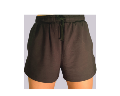 Black bamboo shorts with a drawcord, side hand pockets, and a visible brand tag.